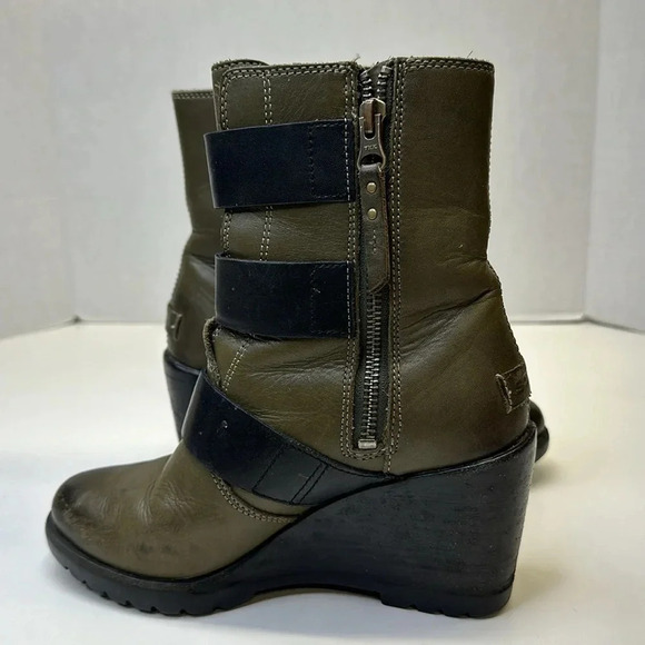 Sorel After Hours Boots Wedges Ankle Heeled Booties Leather Green Black Size 6 - Picture 5 of 10
